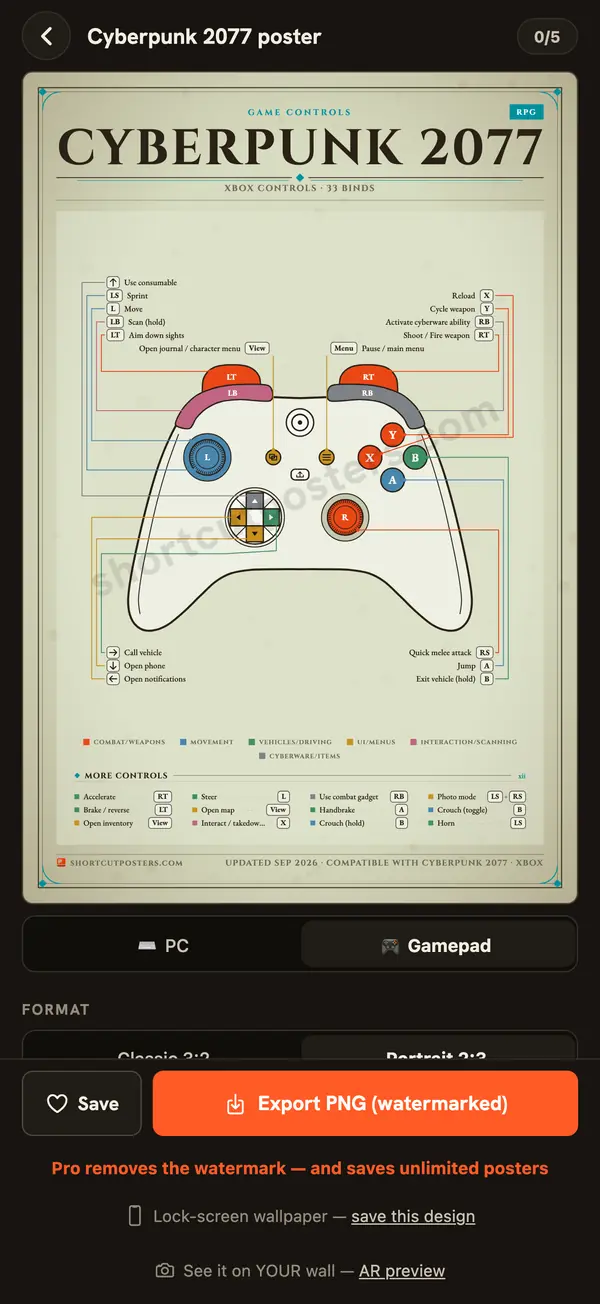 The poster composer in the app: style, format, export