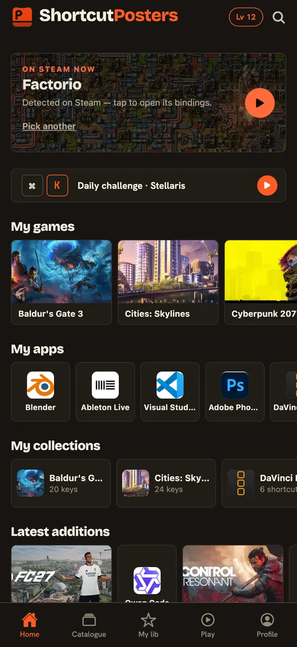 Home: Factorio detected on Steam, one tap to open its keys