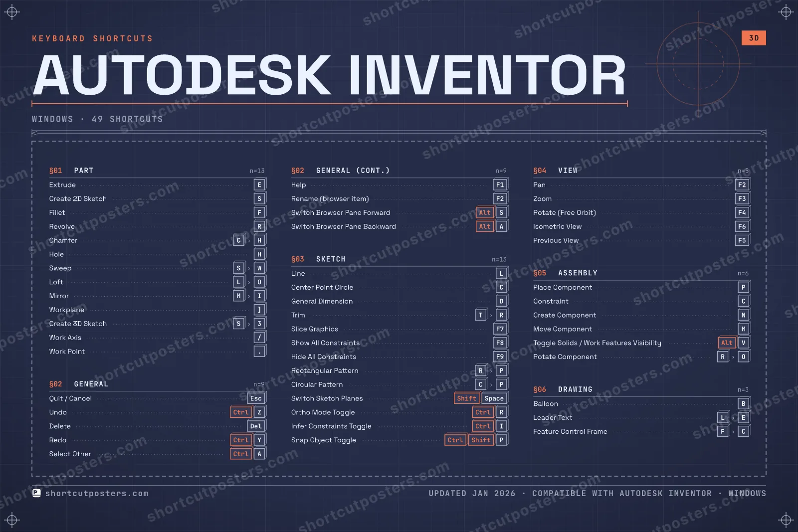 Autodesk Inventor blueprint shortcuts poster preview