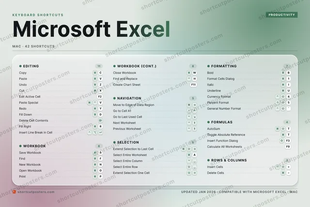 Microsoft Excel aurora shortcuts poster preview