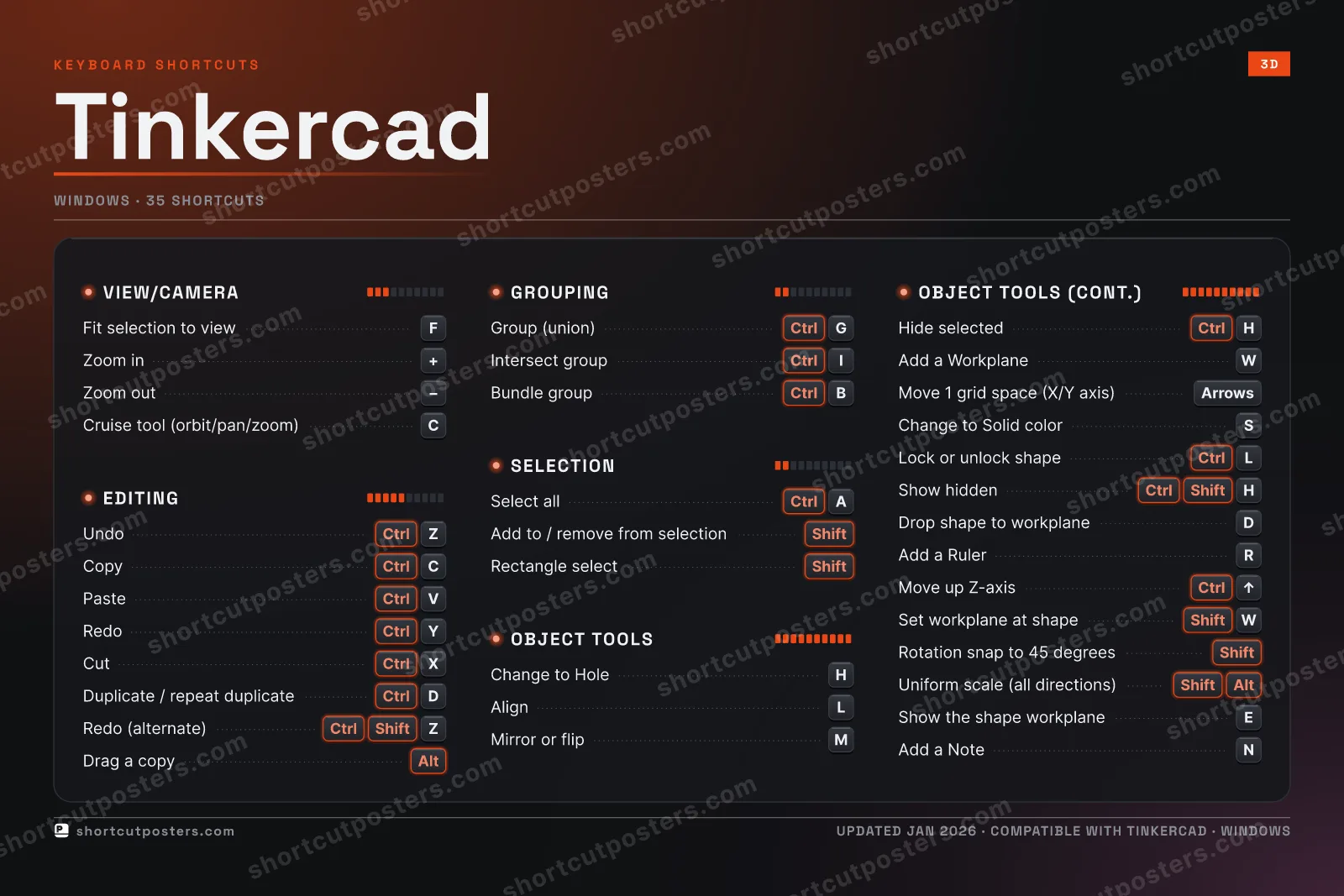 Tinkercad studio shortcuts poster preview