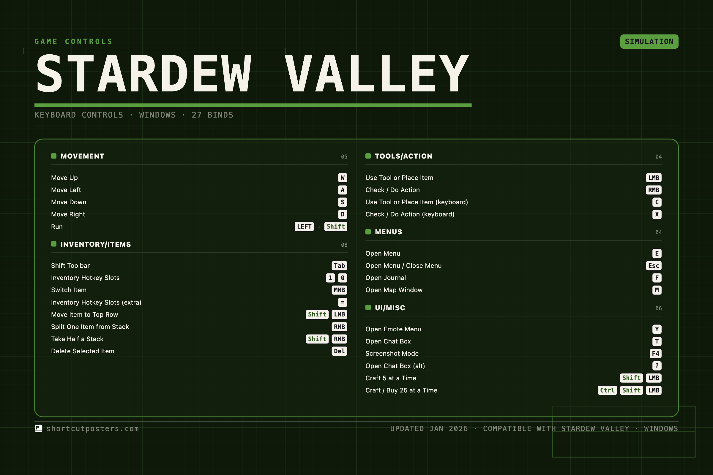 Stardew Valley keyboard controls poster, arcade style